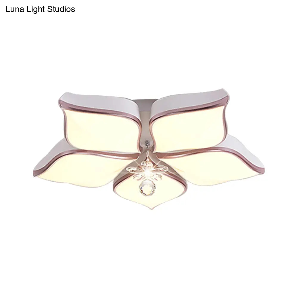 Contemporary Flower Ceiling Mounted Fixture: Acrylic Flush Light In White With Crystal Drop For