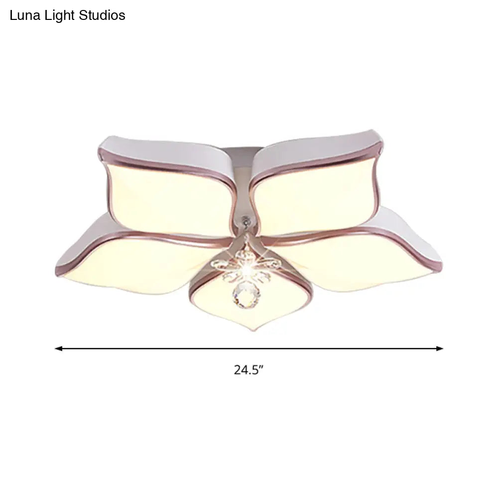Contemporary Flower Ceiling Mounted Fixture: Acrylic Flush Light In White With Crystal Drop For