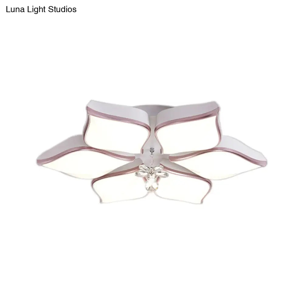 Contemporary Flower Ceiling Mounted Fixture: Acrylic Flush Light In White With Crystal Drop For