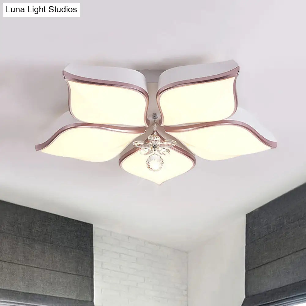 Contemporary Flower Ceiling Mounted Fixture: Acrylic Flush Light In White With Crystal Drop For