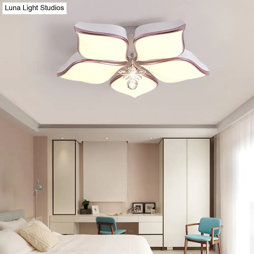 Contemporary Flower Ceiling Mounted Fixture: Acrylic Flush Light In White With Crystal Drop For