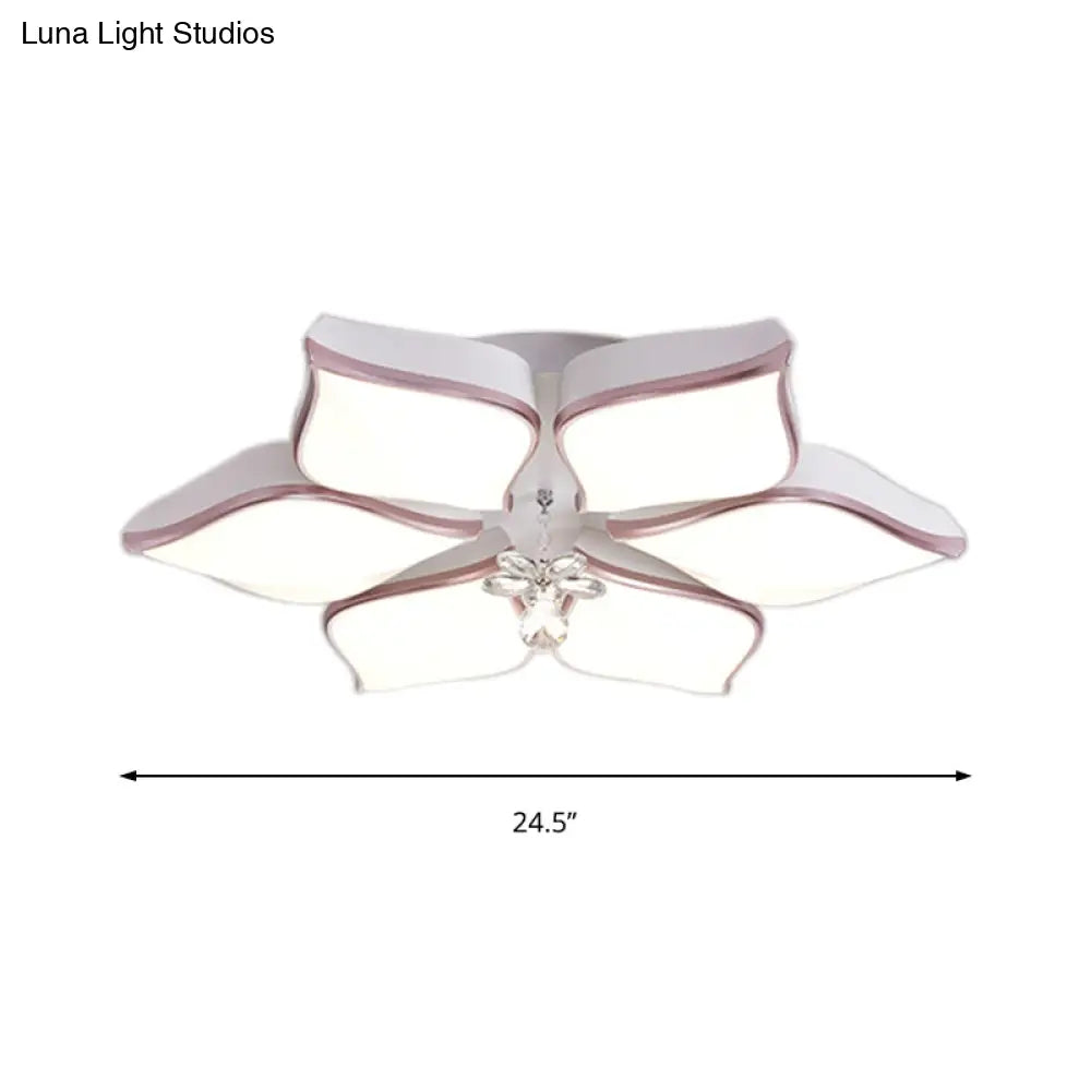 Contemporary Flower Ceiling Mounted Fixture: Acrylic Flush Light In White With Crystal Drop For