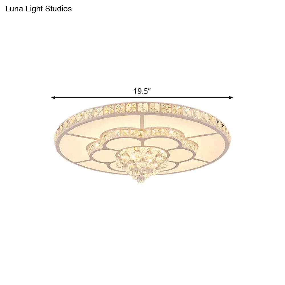 Contemporary Flower Led Ceiling Lamp With Faceted Crystal Flush Mount In White - 19.5’/23.5’ Wide