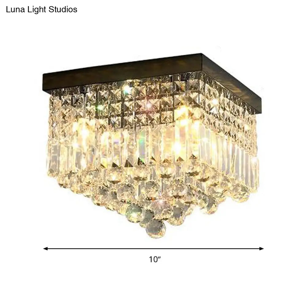 Contemporary Flush Light With Faceted Crystal And 2/4 Heads - Rectangle Corridor Ceiling Mounted In