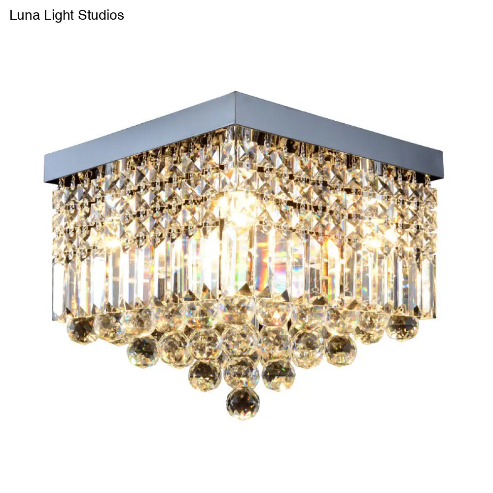 Contemporary Flush Light With Faceted Crystal And 2/4 Heads - Rectangle Corridor Ceiling Mounted In