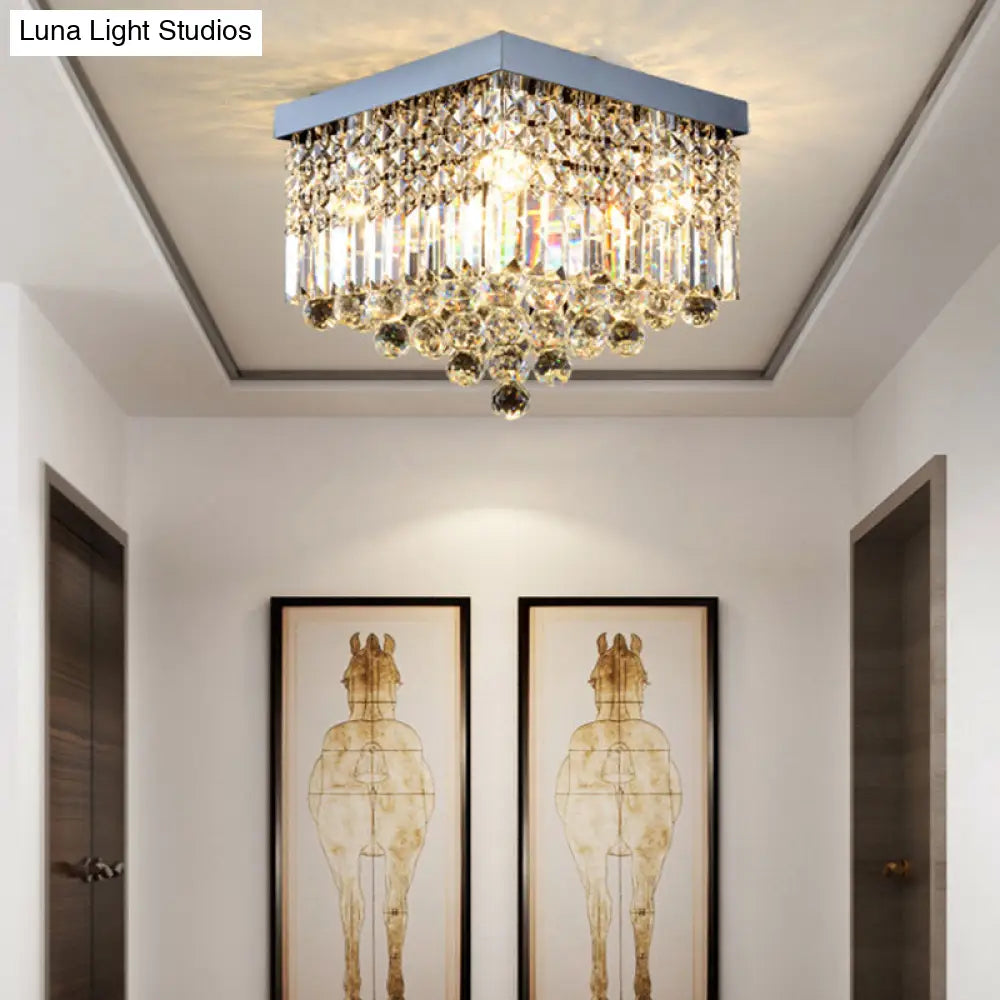 Contemporary Flush Light With Faceted Crystal And 2/4 Heads - Rectangle Corridor Ceiling Mounted In