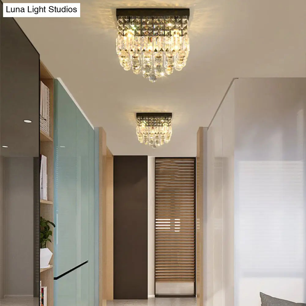 Contemporary Flush Light With Faceted Crystal And 2/4 Heads - Rectangle Corridor Ceiling Mounted In
