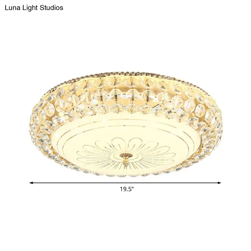 Contemporary Frosted Glass Led Ceiling Light With K9 Crystal In Gold - 12’/16’ Wide