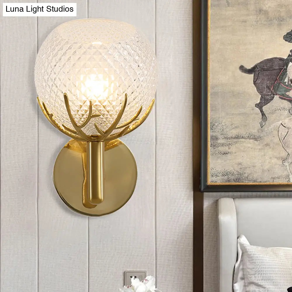 Contemporary Frosted Lattice Glass Wall Lamp - 1 Light Brass Finish Sconce