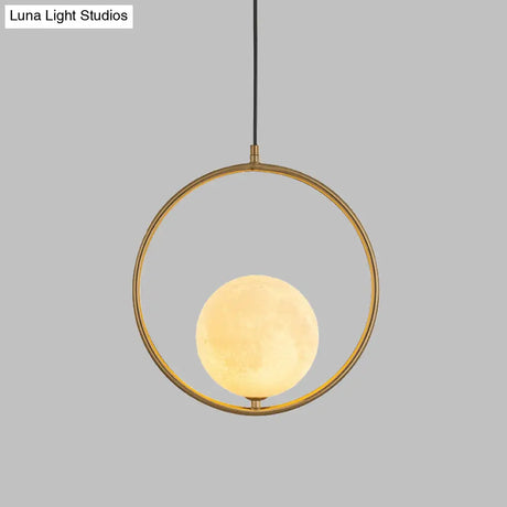 Contemporary Frosted White Glass Globe Pendant Light - Gold Ceiling Lamp With Metal Ring