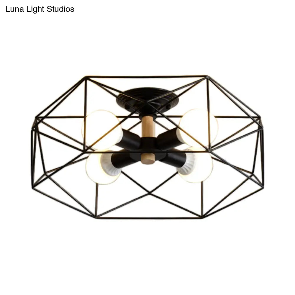 Contemporary Geometric Semi Flush Mount Light With Wire-Cage Shade - 3/4/5 Options