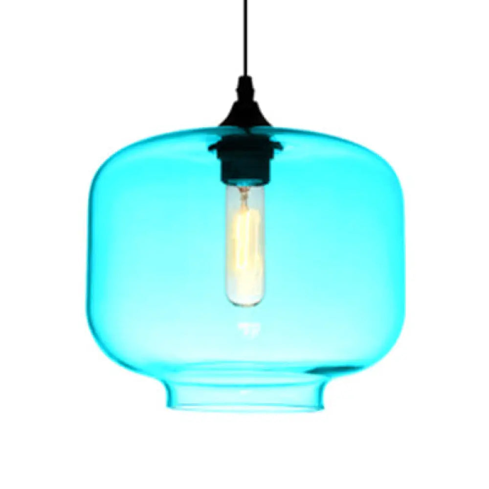 Contemporary Glass Hanging Lamp - Cylinder Shape 1 Light Red/Brown/Blue Sky Blue