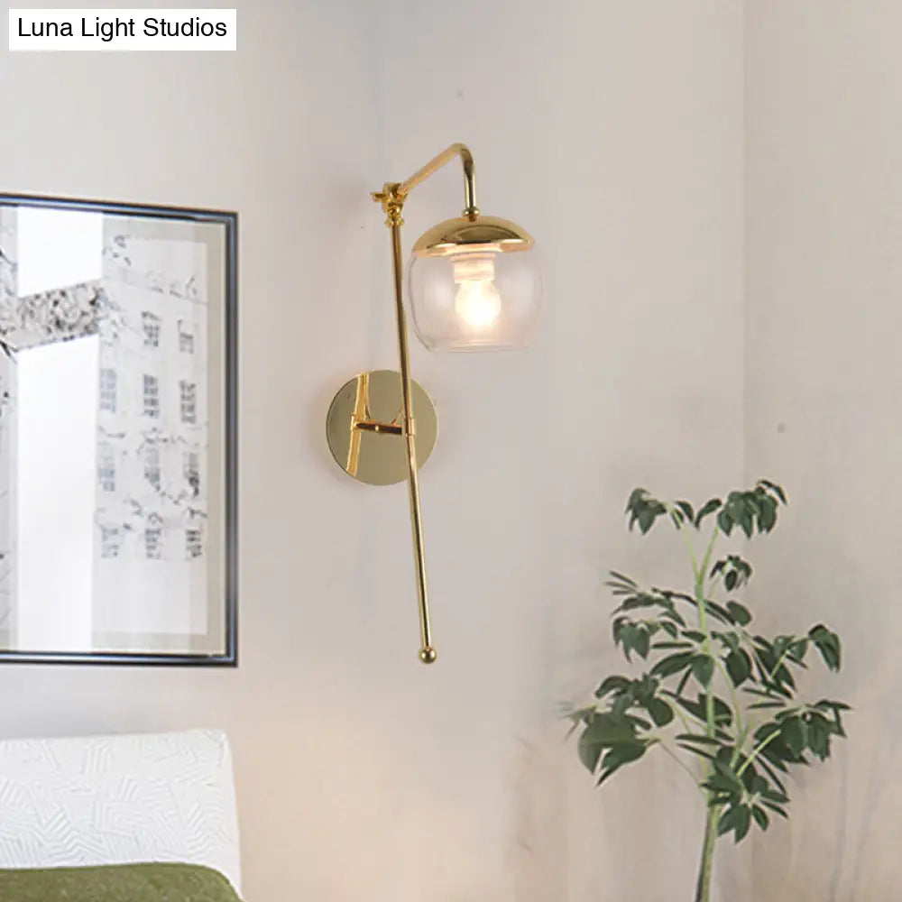 Contemporary Glass Wall Sconce With Brass Finish Arm - 1 Bulb Bedroom Light