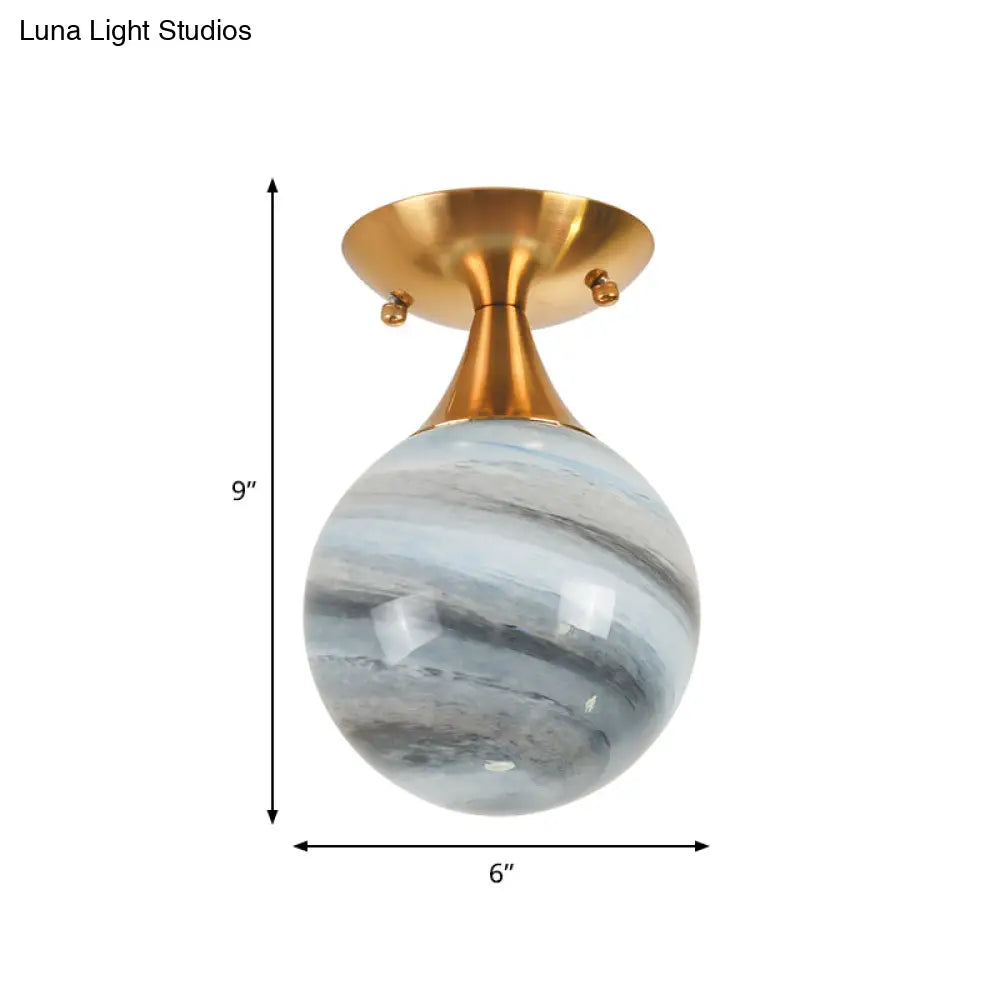 Contemporary Globe Blue Glass Flush Mount Light Fixture - 1 Gold Lamp