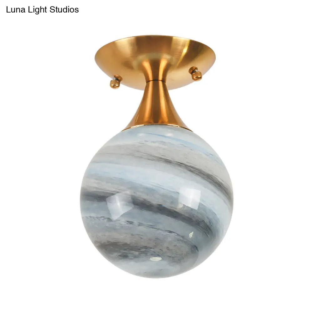 Contemporary Globe Blue Glass Flush Mount Light Fixture - 1 Gold Lamp