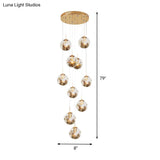 Contemporary Gold Ball Chandelier With Amber Dimpled Glass Pendant - 10 Bulbs Multi-Light For