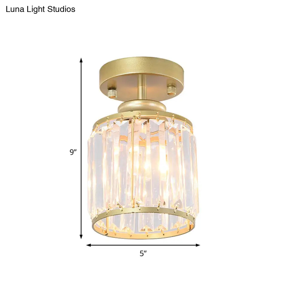 Contemporary Gold/Black Semi Flush Ceiling Light With Crystal Cylinder Shade