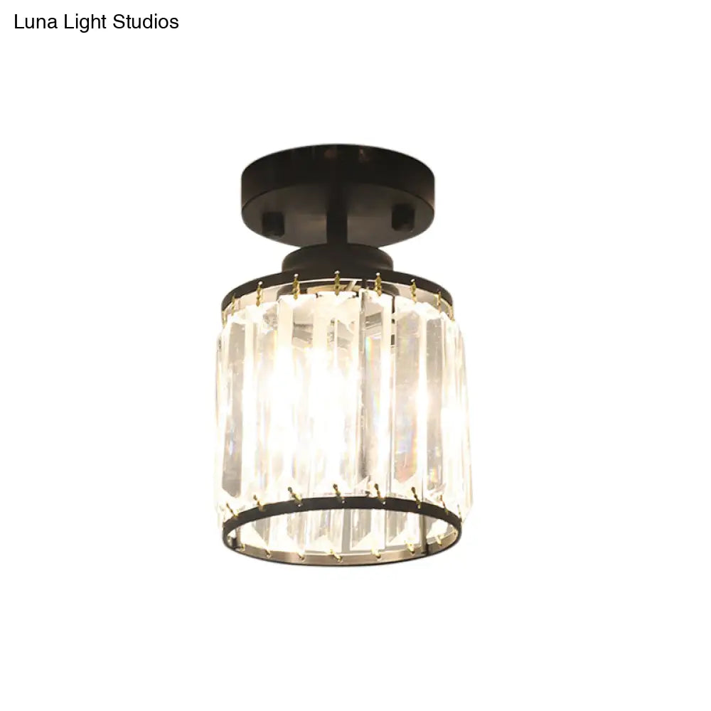 Contemporary Gold/Black Semi Flush Ceiling Light With Crystal Cylinder Shade