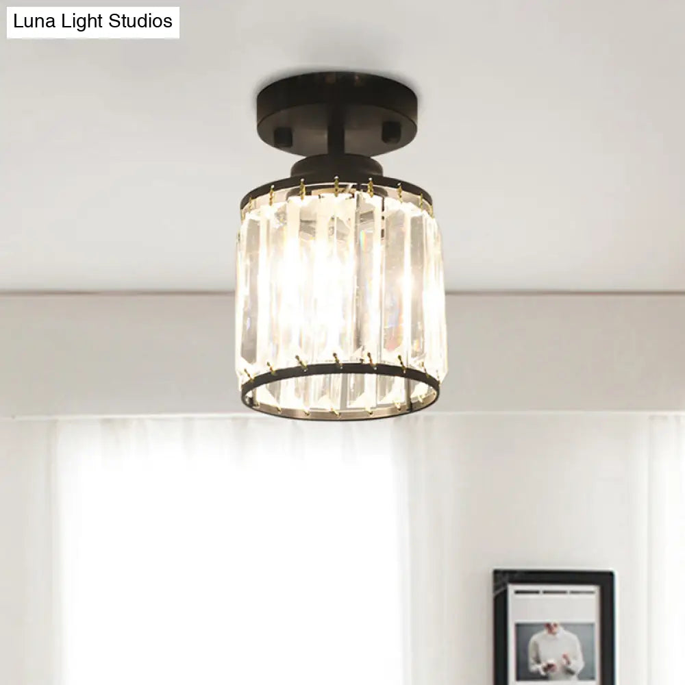 Contemporary Gold/Black Semi Flush Ceiling Light With Crystal Cylinder Shade