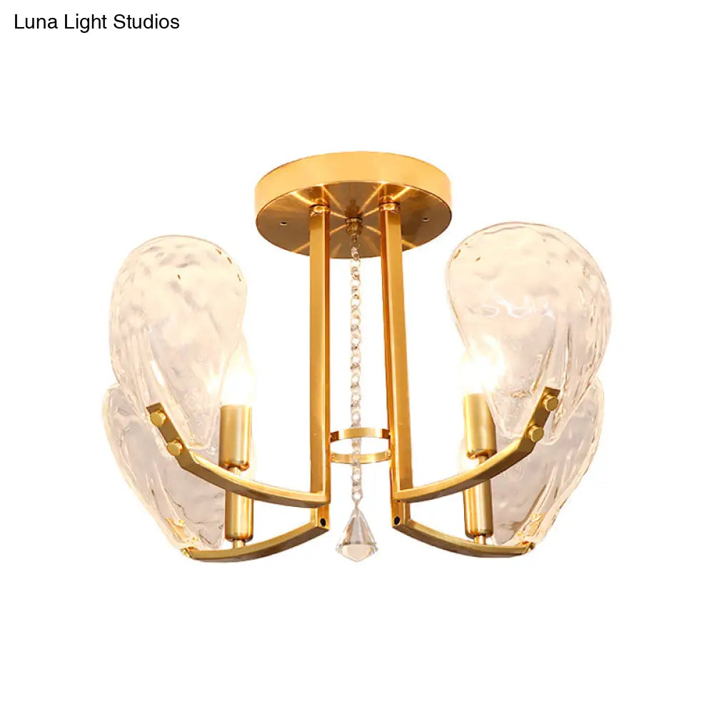 Contemporary Gold Candle Semi Flush Mount Ceiling Light With Crystal Petal Shade - 4 Bulbs