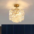 Contemporary Gold Canopy Semi Flush Mount Light With Hexagon-Shape Crystals & 3 Bulbs