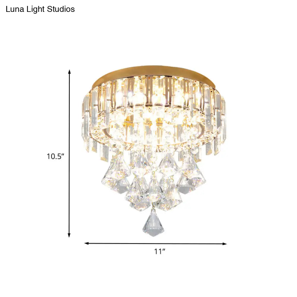 Contemporary Gold Circle K9 Crystal Ceiling Flushmount With Drape 3 Heads
