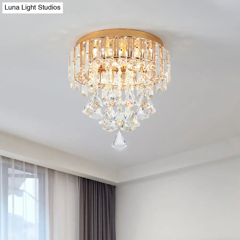 Contemporary Gold Circle K9 Crystal Ceiling Flushmount With Drape 3 Heads