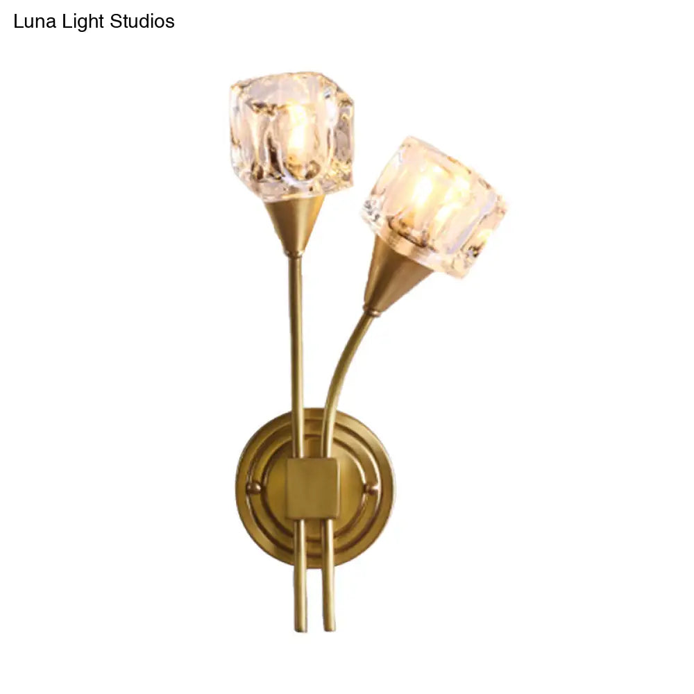 Contemporary Gold Cube Wall Sconce With Clear Crystal Led Lighting Perfect For Living Room