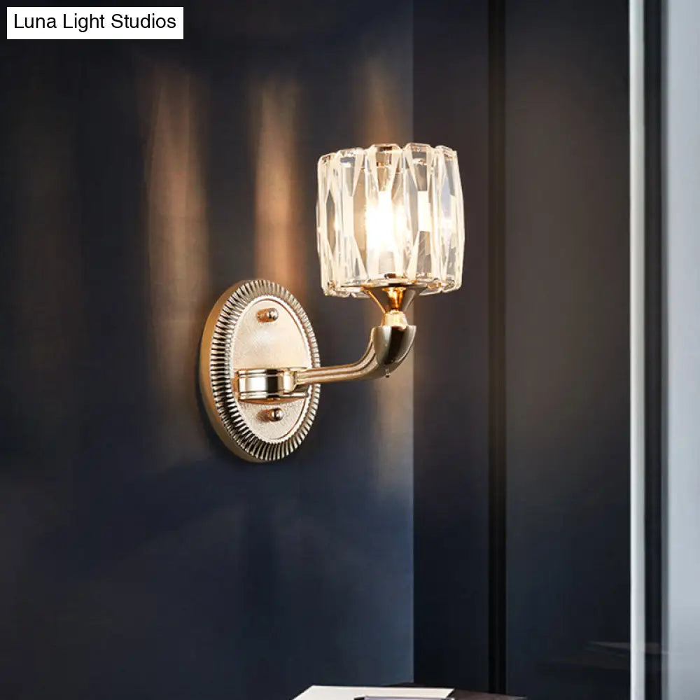 Contemporary Gold Cylinder Crystal Wall Lamp - Beveled Cut 1/2-Head Design Stylish Living Room Mount
