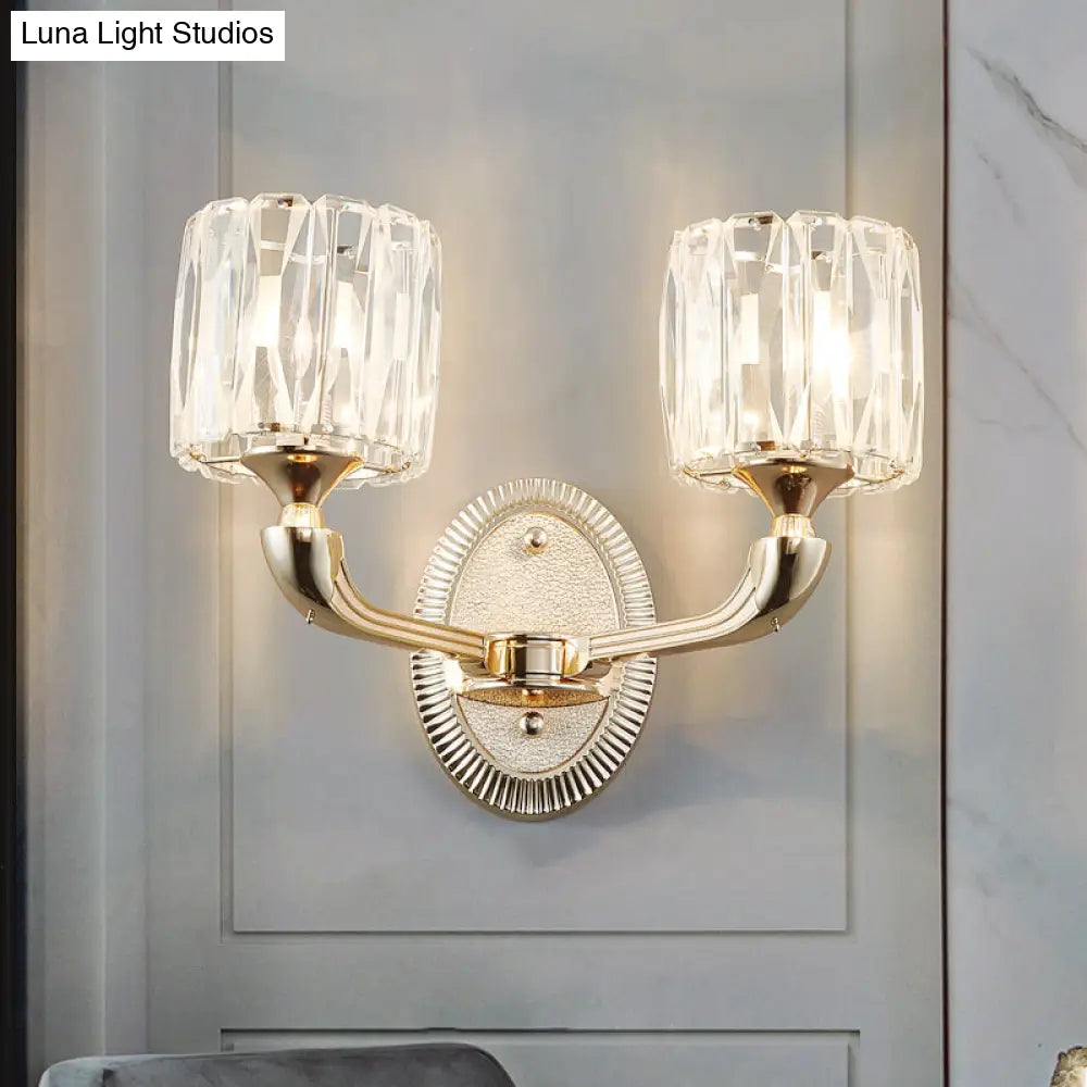 Contemporary Gold Cylinder Crystal Wall Lamp - Beveled Cut 1/2-Head Design Stylish Living Room Mount