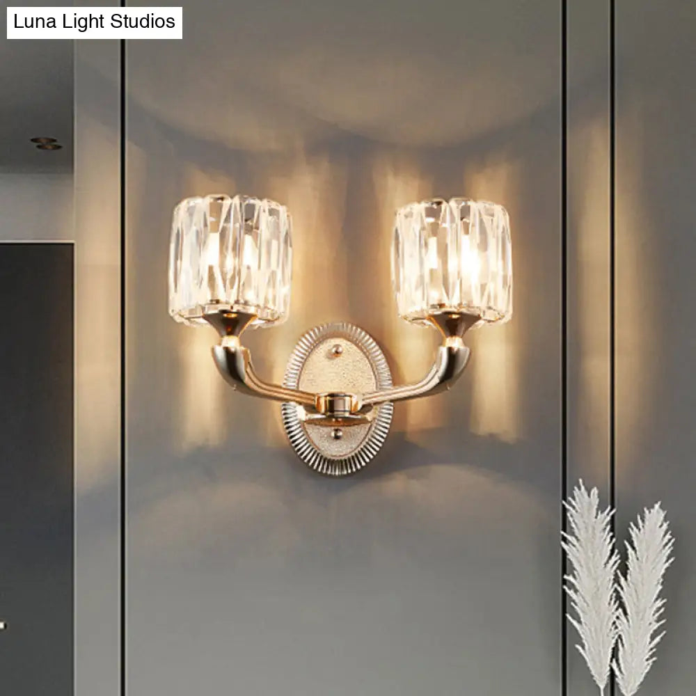 Contemporary Gold Cylinder Crystal Wall Lamp - Beveled Cut 1/2-Head Design Stylish Living Room Mount