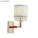 Contemporary Gold Drum Fabric Shade Wall Sconce With Crystal Deco - 1 Bulb Light