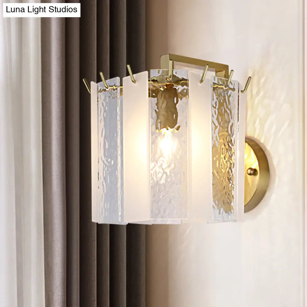 Contemporary Gold Drum Wall Sconce Light With Frosted And Waterglass - 1 Fixture