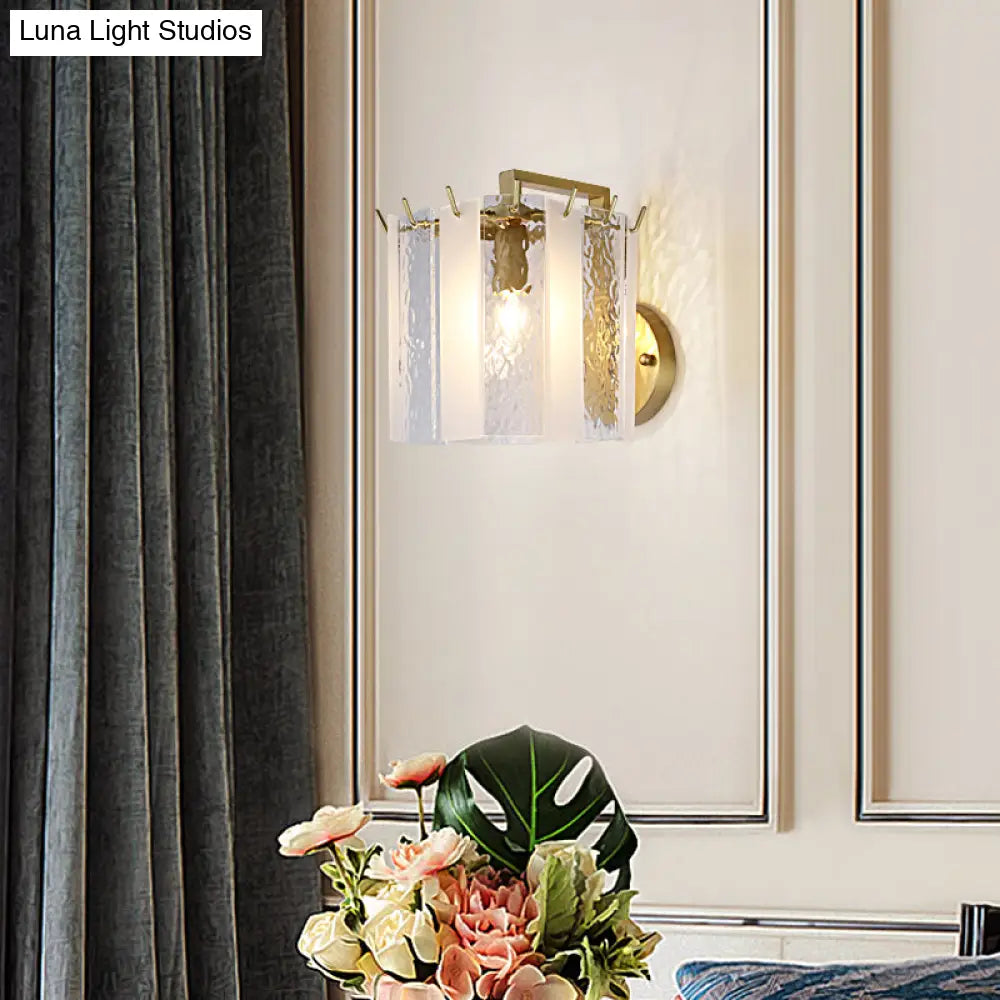 Contemporary Gold Drum Wall Sconce Light With Frosted And Waterglass - 1 Fixture