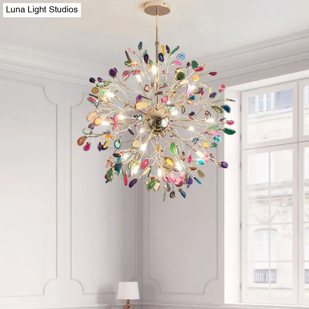 Contemporary Gold Flower Chandelier With Multi-Agate Lights - Hanging Ceiling Fixture