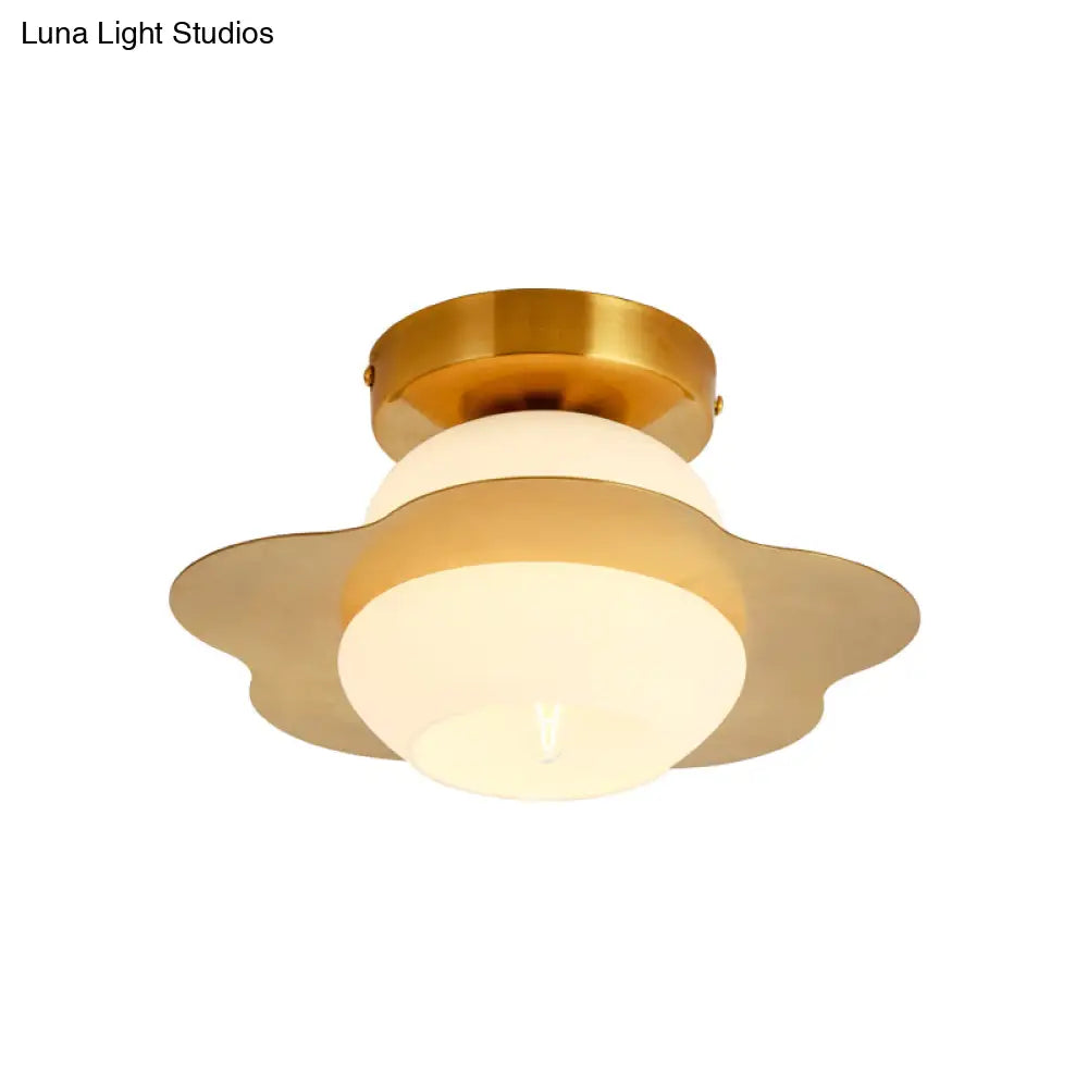 Contemporary Gold Flush Mount Hallway Light With White Glass Shade