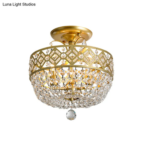 Contemporary Gold Light Fixture With Crystal Balls - 3 Heads Porch Semi - Flush Mount