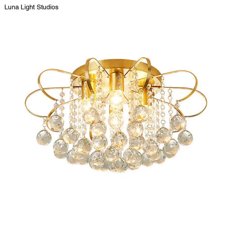 Contemporary Gold Metal Ceiling Lamp With Swirled Arm Design Clear Crystal Orbs And Rods - 4-Heads
