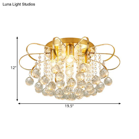 Contemporary Gold Metal Ceiling Lamp With Swirled Arm Design Clear Crystal Orbs And Rods - 4-Heads