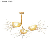 Contemporary Gold Metal Chandelier With Branch Design And 3 Nest & Egg Lights For Study Room