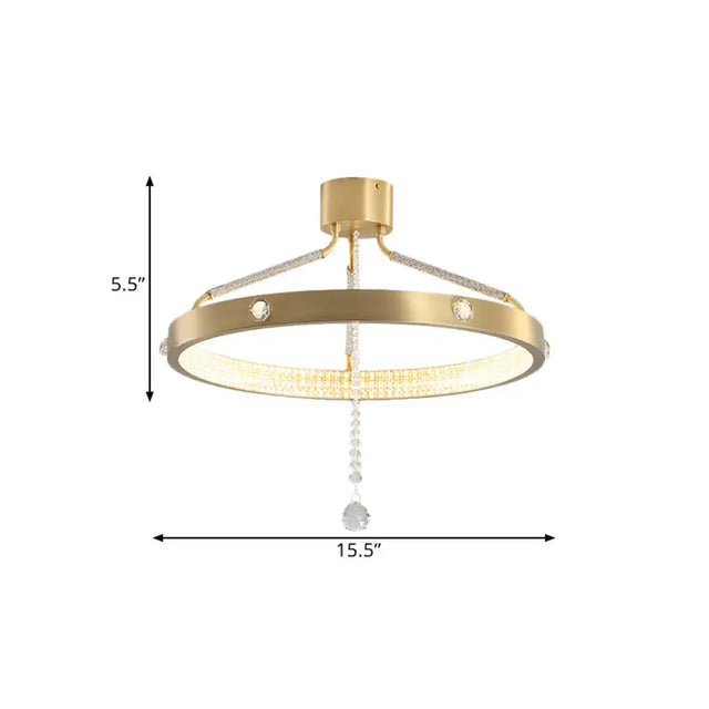 Contemporary Gold Metal Led Semi Flush Mount Ceiling Light With Crystal Strand - 19.5/15.5 Wide