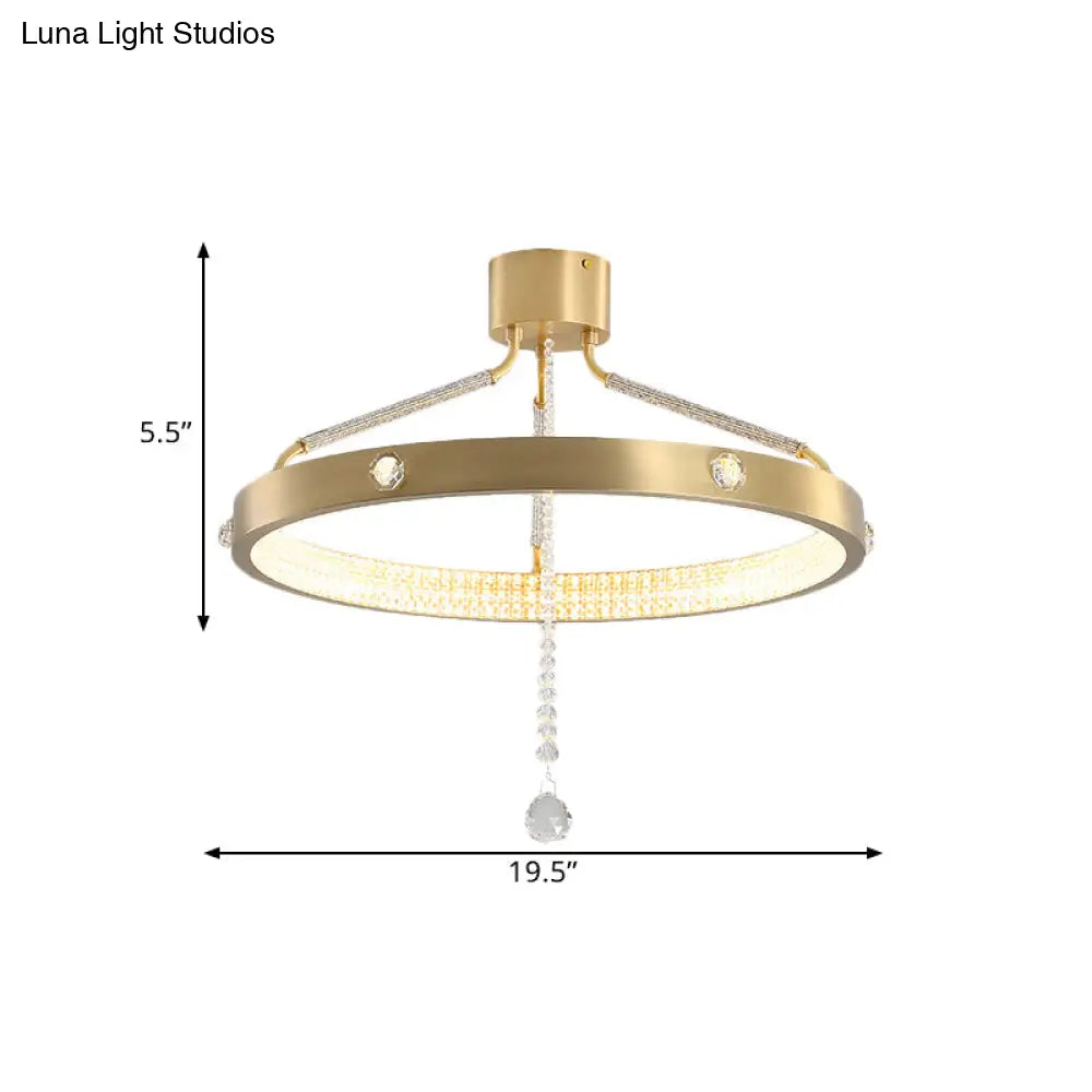 Contemporary Gold Metal Led Semi Flush Mount Ceiling Light With Crystal Strand - 19.5’/15.5’ Wide