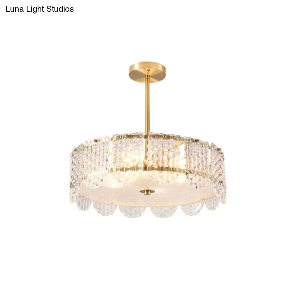Contemporary Gold Round Bedroom Ceiling Fixture With Clear Crystal Blocks - Semi Flush 4 Heads