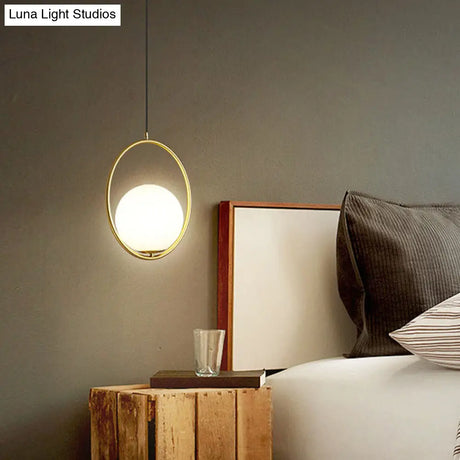Contemporary Gold Sphere Drop Lamp: 1 Bulb Cream Glass Hanging Ceiling Light For Bedroom