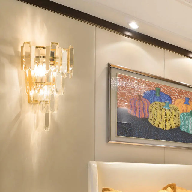 Contemporary Gold Wall Lamp With 3 Clear Crystal Layers - Bedroom Lighting