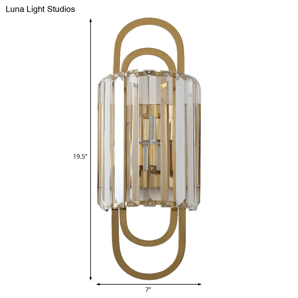 Contemporary Gold Wall Sconce With Tri-Sided Glass Rods - 2 Light Cylinder Fixture For Bedroom