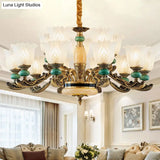 Contemporary Green Chandelier With Frosted Glass Floral Drop Lamp