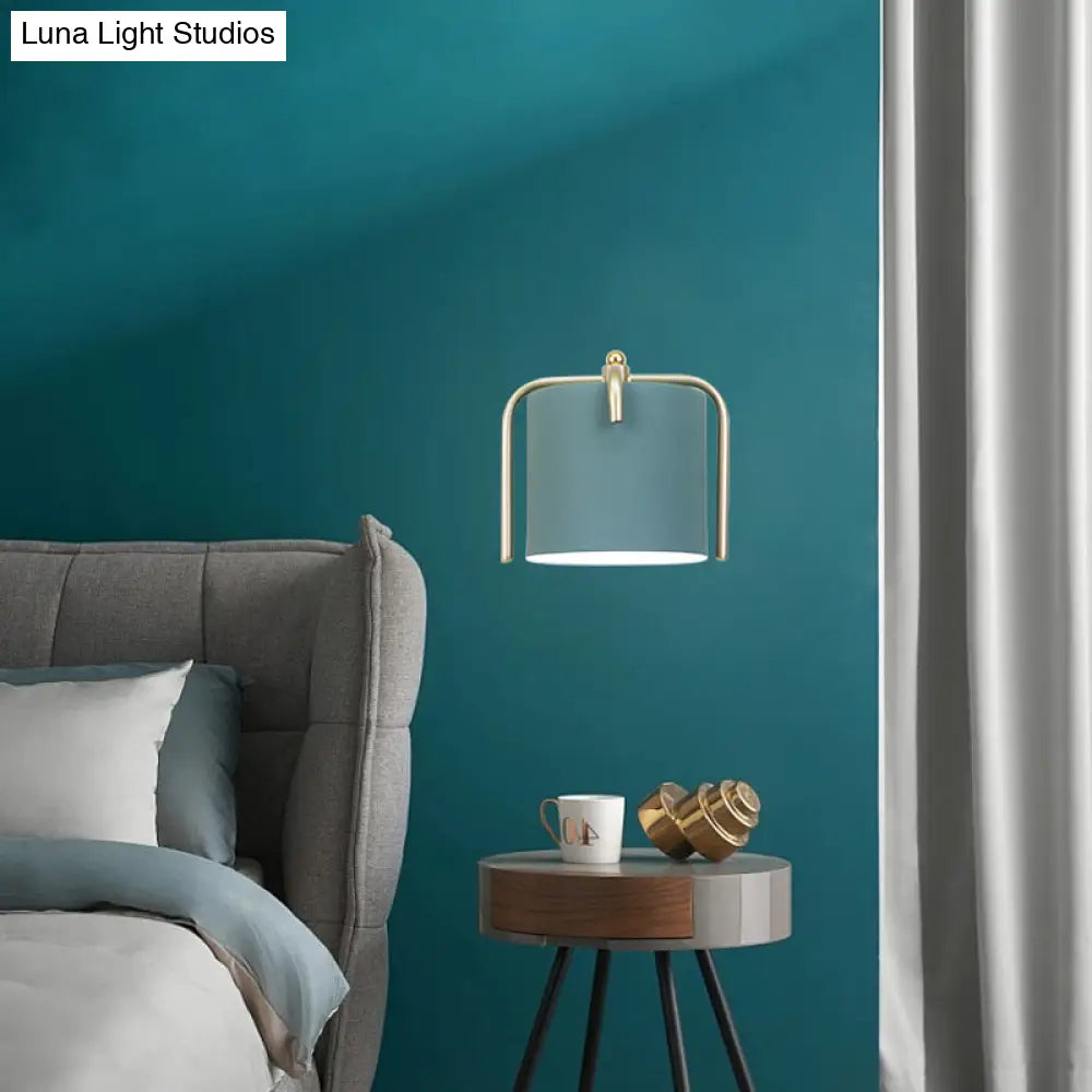 Contemporary Green/Grey Sconce With Tube Metal Shade For Bedroom Wall Lighting
