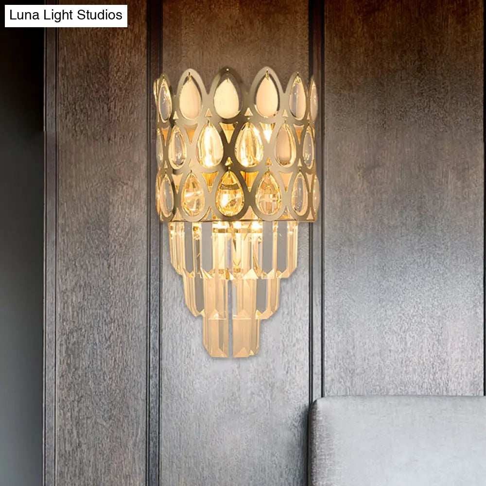 Contemporary Grid Wall Mount Teardrop Crystal Light - 3 Lights Black/Gold Sconce Lamp Fixture