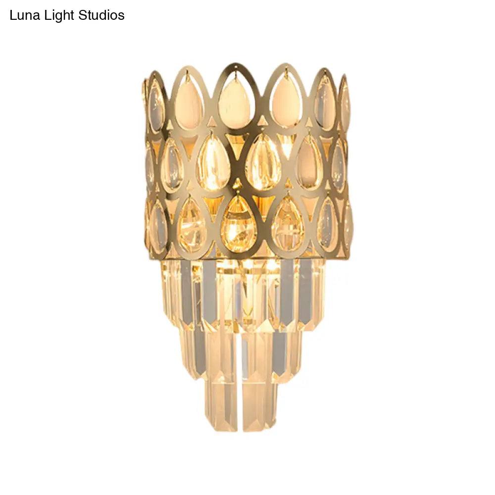 Contemporary Grid Wall Mount Teardrop Crystal Light - 3 Lights Black/Gold Sconce Lamp Fixture